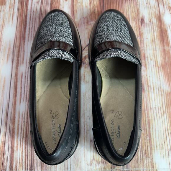 Clarks SHARON GRACIE Womens Size 8.5 Black Leather Tweed Wedge Loafers Shoes - Picture 5 of 10